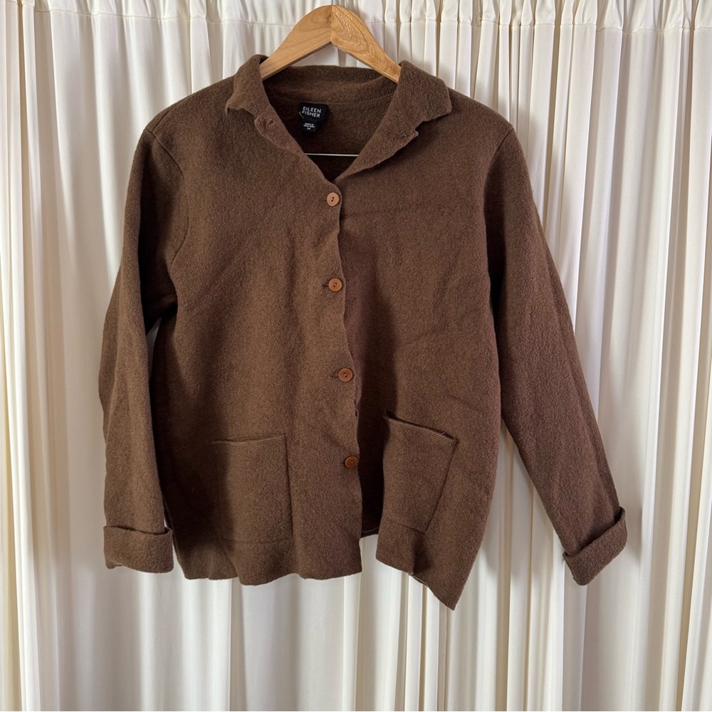 Eileen Fisher Brown 100% Boiled Wool Coat Cardigan Jacket Button Front Medium